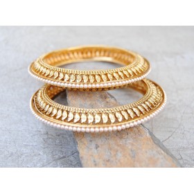 Ornate Floral Gold Kada Bangles with Pearls